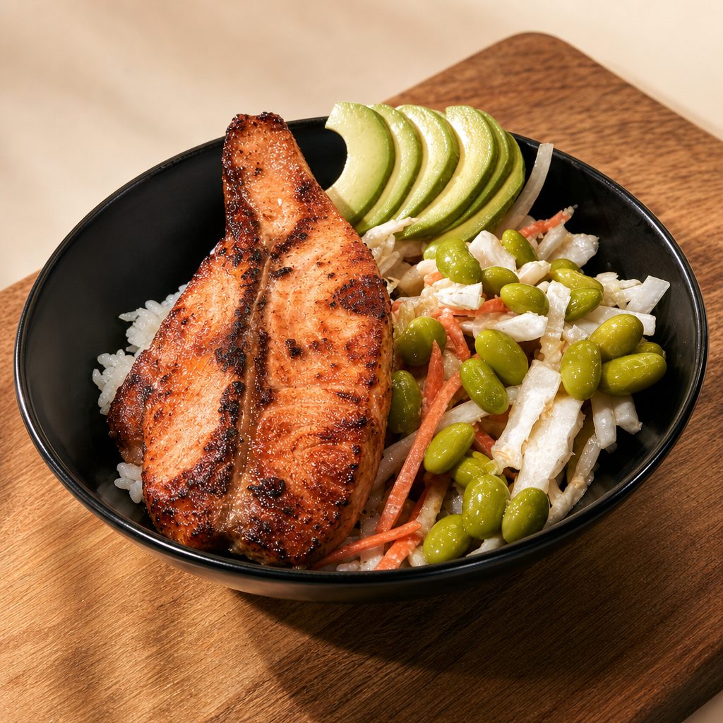 Cooked Seared Salmon Garlic Fried Rice Bowl.